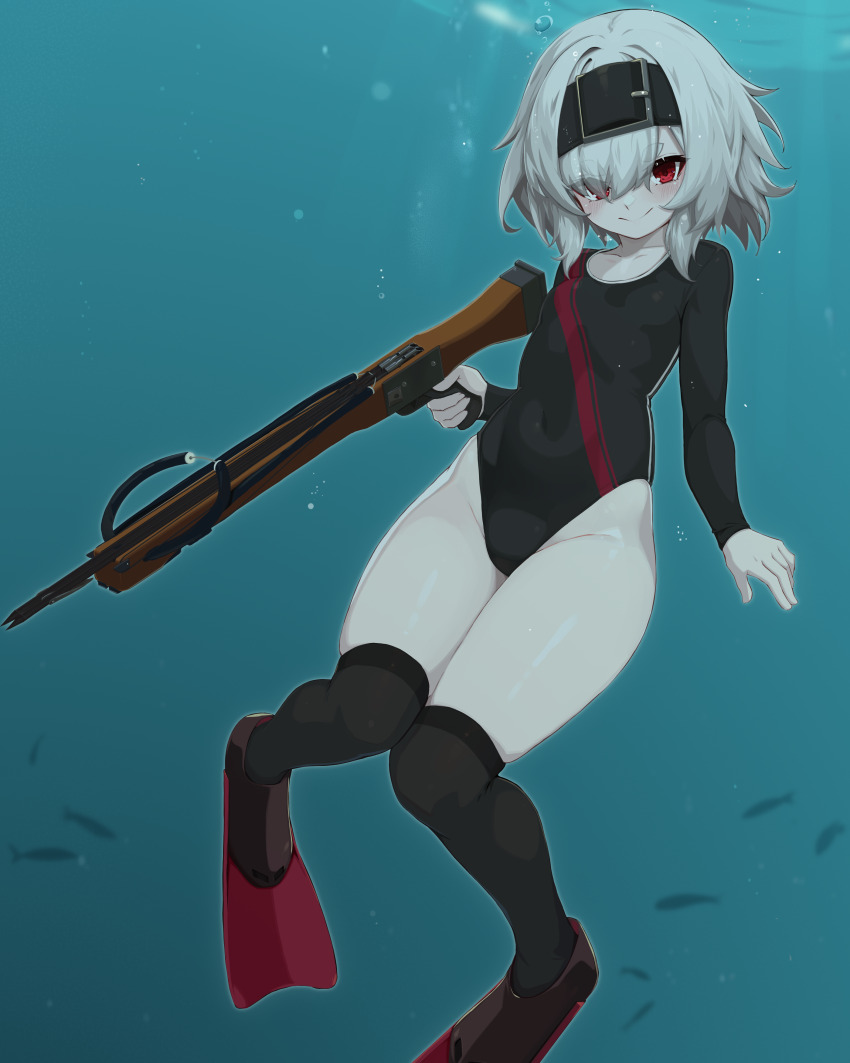 1girl absurdres air_bubble azur_lane bon_homme_richard_(azur_lane) bon_homme_richard_(meta)_(azur_lane) bubble covered_navel fish flippers hairband harpoon harpoon_gun highres idashige_(walkietalkie) knees_together_feet_apart long_sleeves looking_at_viewer medium_hair red_eyes smile solo springsuit underwater white_hair