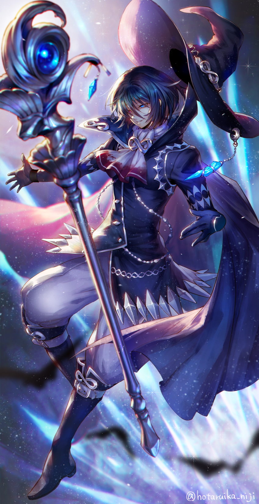 1girl absurdres ascot black_jacket blue_eyes blue_gloves blue_hair blue_hat boots cape crystal decarabia_(megido72) elbow_gloves full_body gloves hair_between_eyes hat heterochromia highres hotaruika_niji jacket long_sleeves megido72 pants red_eyes smile solo staff white_ascot white_pants witch_hat