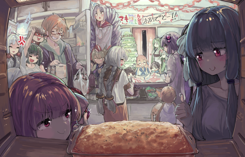 4boys 6+girls absurdres anger_vein bag baking banner beads birthday black_collar black_jacket blonde_hair blue_hair blunt_bangs blush brown_hair cake closed_eyes collar commentary everyone food furrowed_brow glasses green_hair green_hoodie grin hair_beads hair_ornament happy_birthday haruno_sora highres holding holding_bag hood hoodie indoors iori_yuzuru jacket kizuna_akari kotonoha_akane kotonoha_aoi kyoumachi_seika light_brown_hair looking_at_another mask microa minase_kou multiple_boys multiple_girls necktie open_mouth oven paper_chain party pink_hair pot purple_hair red_collar refrigerator sailor_collar salad school_uniform shirt shopping_bag short_sleeves smile stove stuffed_animal stuffed_toy thumbs_up touhoku_itako touhoku_kiritan touhoku_zunko tsuina-chan tsukuyomi_ai tsukuyomi_shouta v-shaped_eyebrows voiceroid white_hair white_shirt yoshida-kun_(eagle_talon) yuzuki_yukari