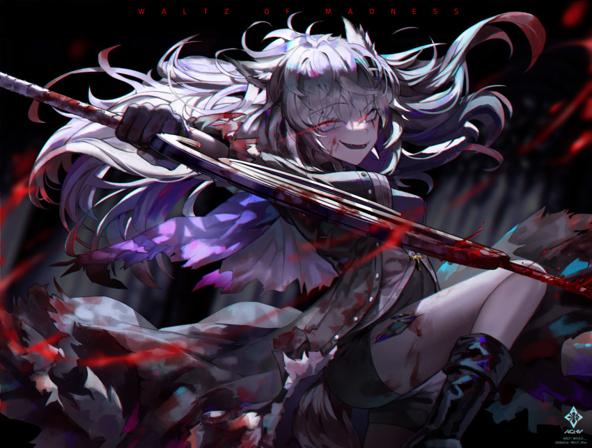 1girl a0lp arknights black_footwear black_shorts blood blood_on_clothes blood_on_face bloody_weapon coat dark_background english_text eye_trail gesugao grey_coat grey_eyes grey_hair highres holding holding_sword holding_weapon lappland_(arknights) light_trail looking_at_viewer parted_lips shorts smile solo sword torn_clothes weapon