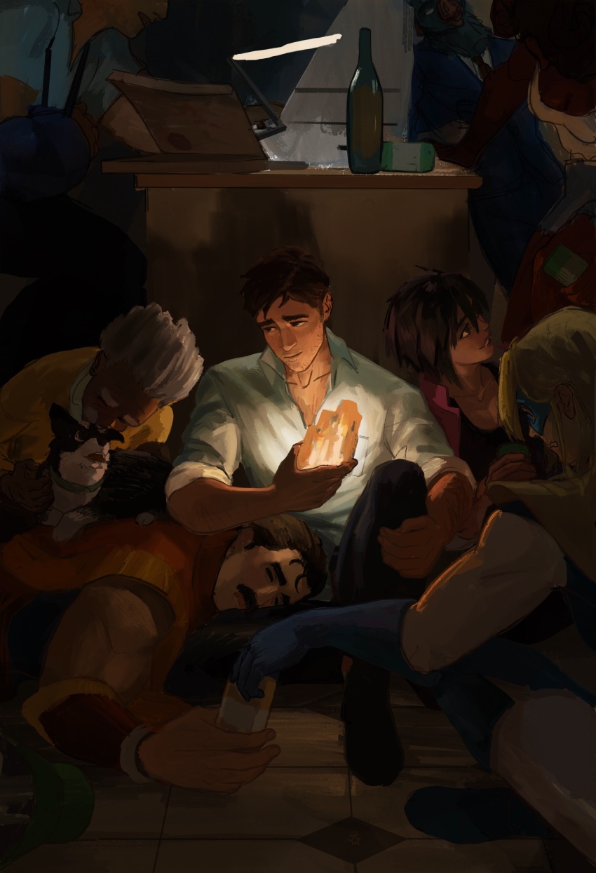 3girls 5boys absurdres aethash beard_stubble black_hair black_shirt blonde_blazer blonde_hair blue_eyes blue_mask blue_shirt bodysuit bottle breasts brown_eyes brown_hair chase_(dispatch) cleavage colored_skin commentary computer dark-skinned_female dark-skinned_male dark_skin dispatch dog dress_shirt elbow_gloves english_commentary facial_hair gloves highres indoors invisigal jacket lamp malevola_(dispatch) multiple_boys multiple_girls muscular muscular_male mustache on_floor open_clothes open_jacket phenomaman pizza_box red_skin robert_robertson royd_(dispatch) shirt short_hair sleeping sleeves_rolled_up sonar_(dispatch) stubble sweater white_bodysuit white_hair yellow_sweater