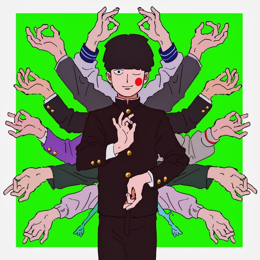 1boy ;) arms_up black_hair black_jacket blazer blush_stickers bowl_cut ekubo_(mob_psycho_100) extra_arms gakuran green_background hanazawa_teruki highres jacket kageyama_ritsu kageyama_shigeo light_smile long_sleeves male_focus mob_psycho_100 mudra one_eye_closed outside_border reigen_arataka school_uniform short_hair smile solo_focus split_theme surrounded_by_hands sweater umkaqryi urna