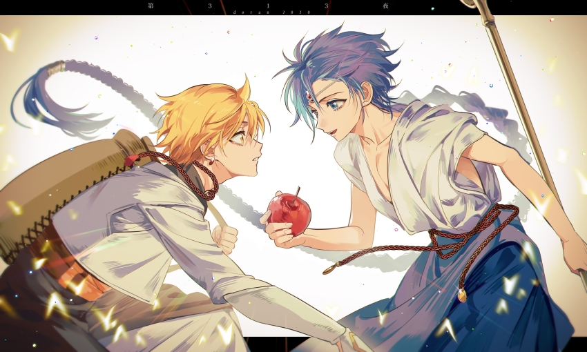 2boys aladdin_(magi) alibaba_saluja apple baggy_pants blonde_hair blue_eyes blue_hair braid doran_(doran7280) food forehead_jewel fruit head_chain highres holding holding_food holding_fruit holding_staff jewelry long_hair looking_at_another magi_the_labyrinth_of_magic male_focus multiple_boys open_mouth pants short_hair single_braid smile staff yellow_eyes