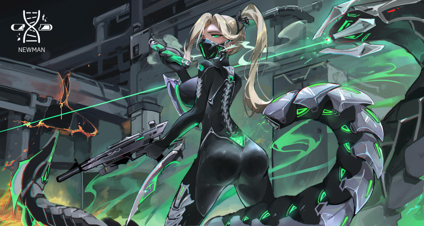 1girl absurdres ambiguous_green_liquid ass black_bodysuit blonde_hair bodysuit breasts chinese_commentary commentary_request cowboy_shot energy_beam from_behind green_eyes gun highres holding holding_gun holding_vial holding_weapon impossible_bodysuit impossible_clothes incredibly_absurdres indoors large_breasts laser looking_at_viewer looking_back machinery mask mechanical_spine molten_metal mouth_mask non-humanoid_robot original ponytail robot robot_animal science_fiction solo vial weapon youlan