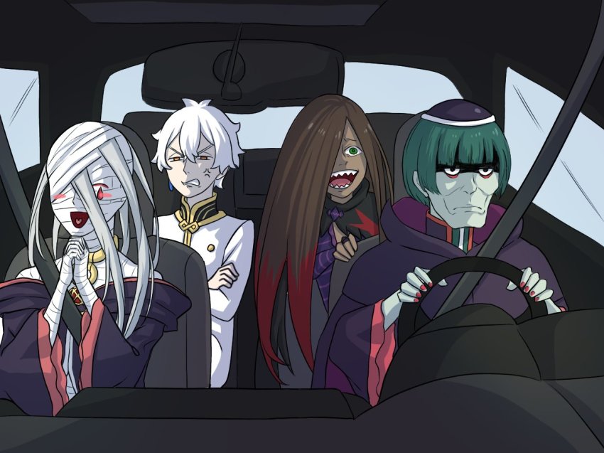 1girl 3boys antena_sasaru bags_under_eyes bandages brown_hair car closed_eyes driving frills green_eyes jacket long_hair meme motor_vehicle multiple_boys petelgeuse_romaneeconti re:zero_kara_hajimeru_isekai_seikatsu regulus_corneas roy_alphard sanpaku seatbelt sharp_teeth short_hair sirius_(re:zero) teeth very_long_hair white_hair white_jacket witch_cult_uniform yellow_eyes