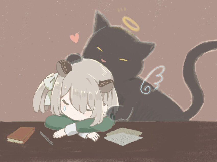 1girl angel_wings animal_ears black_cat book brown_background brown_hair cat cat_tail commentary death desk green_shirt halo heart highres indie_virtual_youtuber lyeta nimi_nightmare one_side_up paper pencil pet shirt short_hair single_tear sleeping sleeping_upright symbol-only_commentary tail tapir_ears tapir_girl tears traditional_halo virtual_youtuber wings