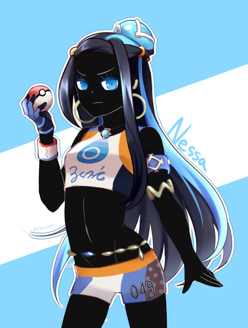&gt;:) 1girl absurdres belly_chain bikini black_hair black_skin blue_background blue_eyes blue_gloves blue_hair character_name colored_skin commentary cowboy_shot creatures_(company) crop_top dark-skinned_female dark_skin doyagao earrings english_commentary ewewe01 female_focus game_freak gloves groin gym_leader hand_up highres holding holding_poke_ball hoop_earrings jewelry long_hair lowleg lowleg_shorts midriff multicolored_hair nessa_(pokemon) nintendo outline pendant poke_ball poke_ball_(basic) pokemon pokemon_swsh satire short_shorts shorts simple_background single_glove smirk smug solo streaked_hair swimsuit tankini twitter_username two-tone_background two-tone_hair very_dark_skin very_long_hair white_background white_outline wristband