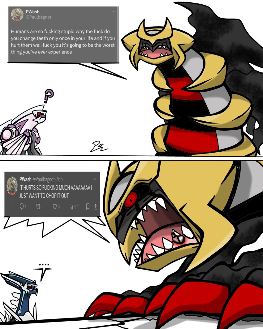 ... :&lt; ? angry black_sclera claws colored_sclera dialga disgust dragon english_text gen_4_pokemon giratina giratina_(altered) highres injury legendary_pokemon looking_at_another nintendo no_humans open_mouth pain palkia paulbagnot pokemon pokemon_(creature) red_eyes sharp_teeth simple_background spikes teeth white_background