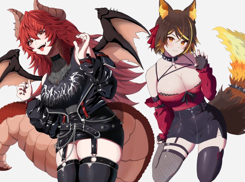 2girls absurdres animal_ear_fluff animal_ears black_collar black_gloves black_jacket black_nails black_skirt black_thighhighs blonde_hair breasts brown_hair character_name claw_pose cleavage closed_mouth clothes_writing collar dragon_girl dragon_horns dragon_tail dragon_wings fingerless_gloves fishnet_thighhighs fishnets gloves highres horns indie_virtual_youtuber jacket large_breasts long_hair looking_at_viewer maibinillust multicolored_hair multiple_girls nail_polish open_mouth orange_eyes red_hair short_hair sinder_(vtuber) sinder_(vtuber)_(old_design) skirt smile spiked_collar spikes streaked_hair tail thighhighs tongue tongue_out virtual_youtuber vshojo wings wolf_ears wolf_girl wolf_tail zentreya zentreya_(dragon) zentreya_(dragon)_(metalheads)