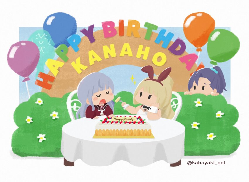 4girls animal_ears aqua_scrunchie arch assault_lily asymmetrical_bangs balloon birthday_cake black_bow black_bowtie blonde_hair blue_background blunt_bangs blush border bow bowtie brown_sailor_collar cake chair character_name chibi closed_eyes detached_collar elbow_on_table facing_another fake_animal_ears feeding flower food fork fruit ghost grey_hair hair_ornament hair_scrunchie hairband hand_on_own_cheek hand_on_own_face hand_on_table hands_up happy_birthday hedge high_ponytail highres holding holding_fork honma_akehi jitome kabayaki_(kabayaki_eel) kanba_girls_high_school_uniform kon_kanaho leotard long_hair long_sleeves looking_at_another miyagawa_takane multiple_girls necktie no_mouth official_alternate_costume official_alternate_hairstyle on_chair open_mouth outside_border peeking_out playboy_bunny ponytail rabbit_ears red_hairband red_shirt sailor_collar school_uniform scrunchie serafuku shirt short_necktie side_ponytail sitting solid_oval_eyes sparkle strawberry table toki_kureha twitter_username white_border white_flower white_necktie wrist_cuffs
