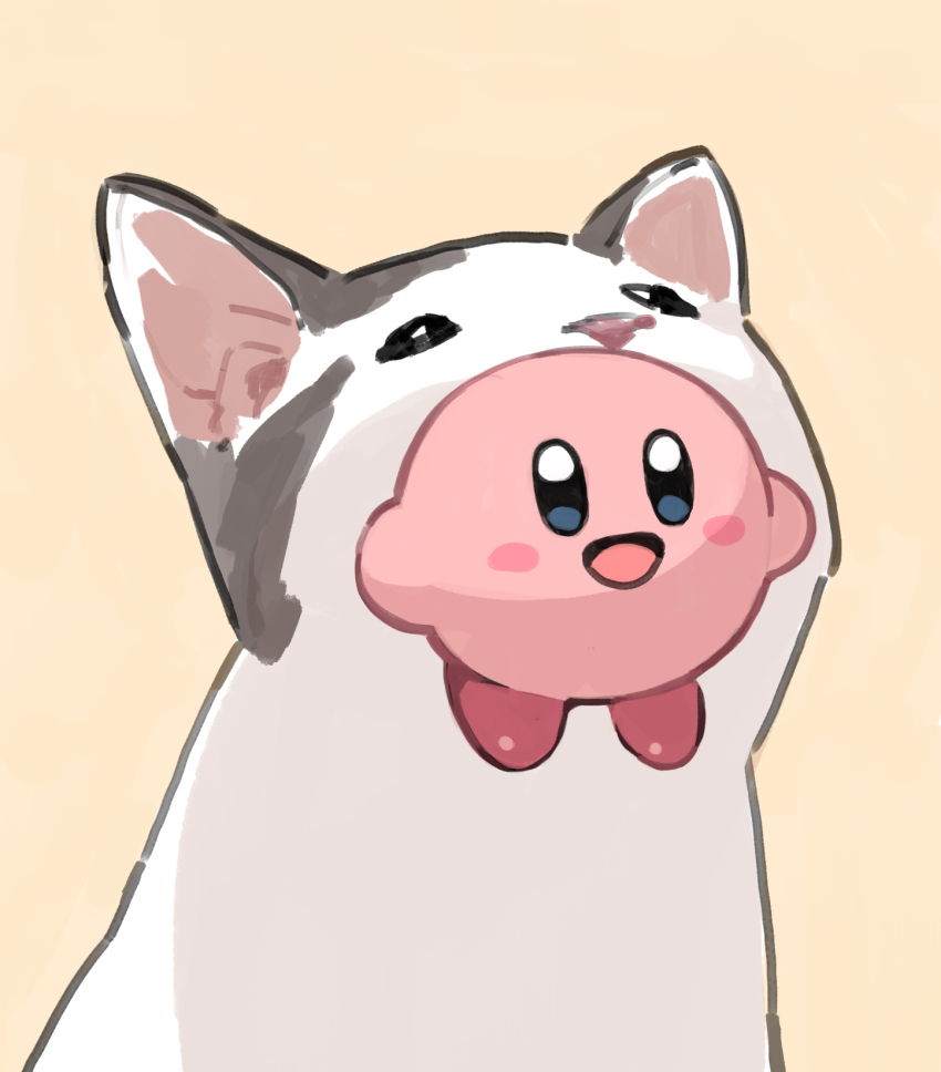 animal animal_focus blue_eyes blush_stickers cat gentlecat highres kirby kirby_(series) light_brown_background meme nintendo no_humans open_mouth original photo-referenced pop_cat_(meme) simple_background smile upper_body