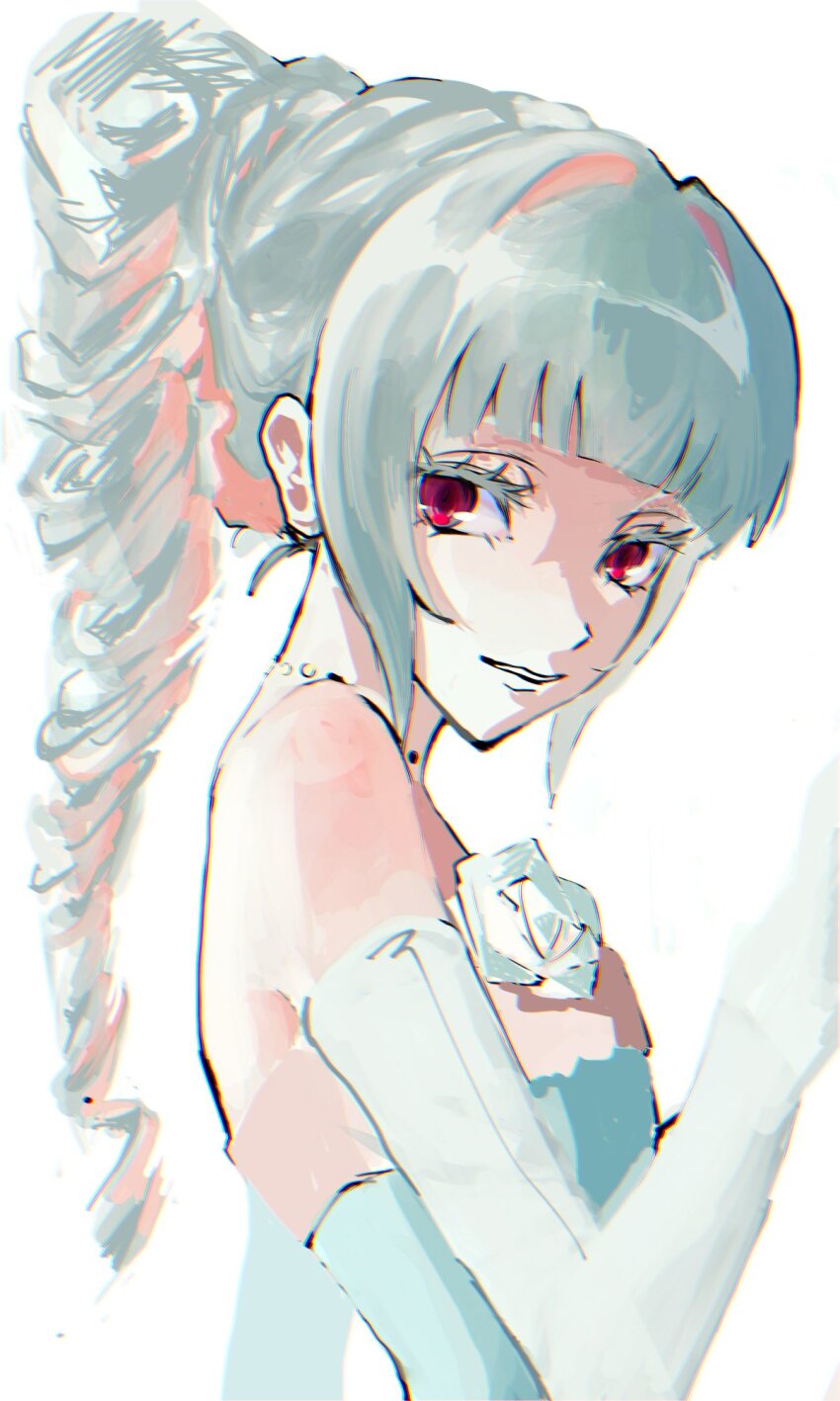 1girl amou_june bare_shoulders blunt_bangs drill_hair elbow_gloves gloves grey_hair highres long_hair looking_at_viewer orbn_w pretty_rhythm pretty_rhythm_rainbow_live pretty_series red_eyes smile solo upper_body white_background