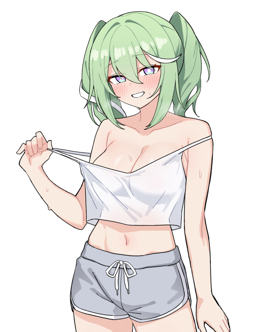 1girl absurdres arm_at_side blush breasts camisole cleavage collarbone cowboy_shot crop_top crop_top_overhang dolphin_shorts green_hair grey_shorts grin hair_between_eyes hand_up highres large_breasts long_bangs looking_at_viewer medium_hair midriff multicolored_hair nal_muck naughty_face navel no_bra purple_eyes short_shorts shorts simple_background smile solo standing stellive strap_pull strap_slip streaked_hair sweat twintails virtual_youtuber white_background white_camisole yuzuha_riko