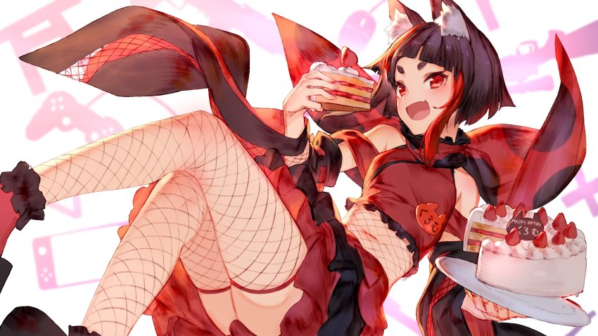 1girl absurdres animal_ear_fluff animal_ears animare bare_shoulders black_hair blunt_bangs bow cake character_name controller convenient_skirt detached_sleeves eating fang feet_out_of_frame female_focus fishnets food fox_ears frills furisode happy_birthday highres holding inari_kuromu izumi_sai japanese_clothes kimono long_sleeves looking_at_viewer multicolored_hair name_tag nanashi_inc. navel open_mouth red_bow red_eyes red_hair red_shirt red_skirt shirt short_hair skin_fang skirt smile solo streaked_hair thighs virtual_youtuber