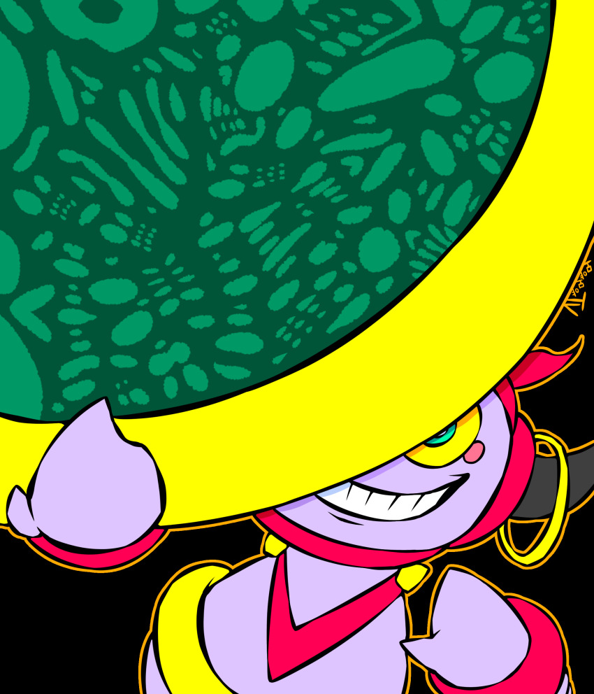 6+others absurdres bidul_(bidul72476120) black_background creepy earrings gen_6_pokemon grin highres hoop_earrings hoopa hoopa_(confined) horns jewelry legendary_pokemon looking_at_viewer multiple_others mythical_pokemon nintendo no_humans pokemon pokemon_(creature) portal_(object) shaded_face sharp_teeth smile solo spirit teeth