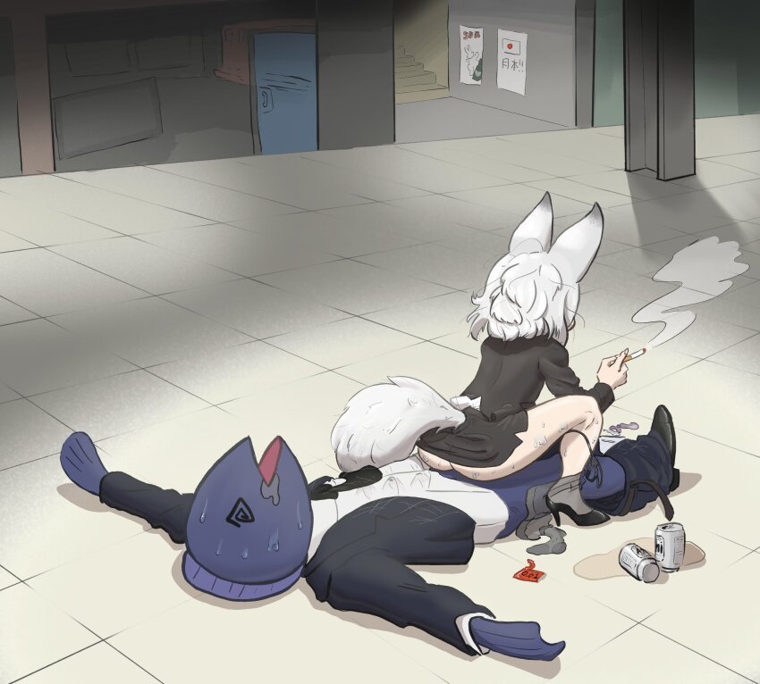 1boy 1girl @_@ absurdres alcohol animal_ears ass beer_can black_jacket black_panties black_pantyhose can cigarette condom condom_wrapper drink_can fish_boy fox_ears fox_girl fox_tail girl_on_top h2osakana high_heels highres holding holding_cigarette implied_sex jacket mashimanz official_alternate_costume panties panties_around_leg pantyhose pantyhose_around_one_leg phase_connect reverse_cowgirl_position shirt skirt smoke smoking straddling sweat tail tenma_maemi tenma_maemi_(2nd_costume) tuxedo_jacket underwear used_condom virtual_youtuber white_hair