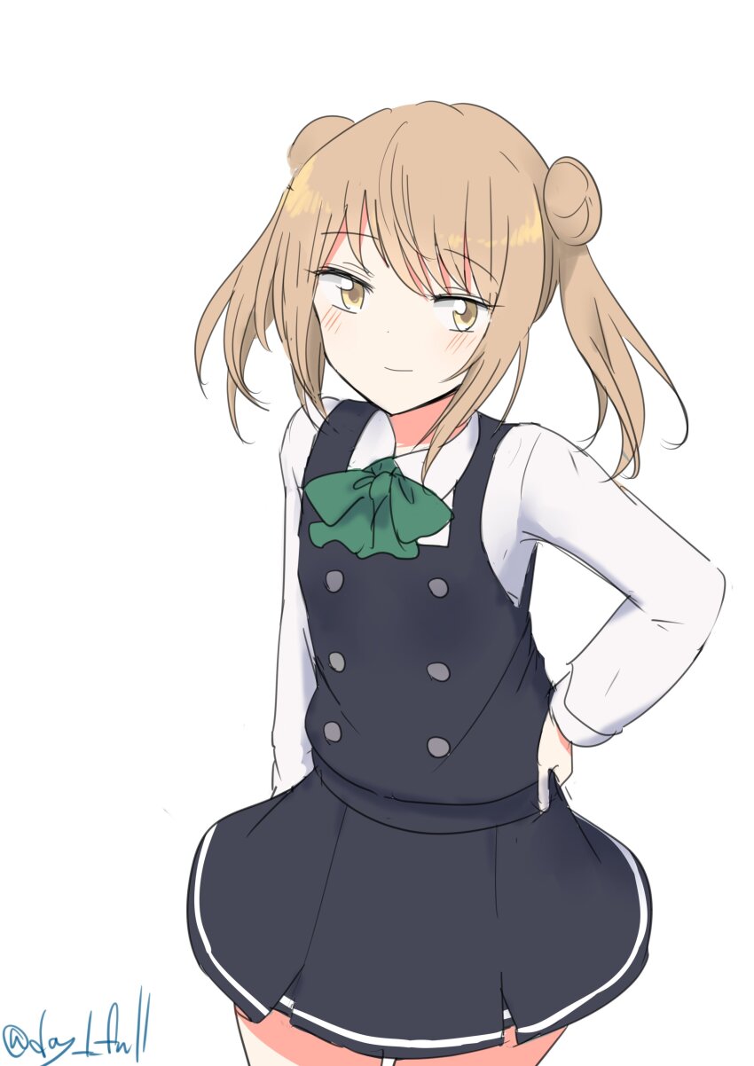 1girl absurdres black_dress bow bowtie breasts brown_eyes brown_hair collared_shirt cowboy_shot donut_hair_bun double_bun dress dress_shirt green_bow green_bowtie hair_bun hand_on_own_hip highres kantai_collection medium_breasts michishio_(kancolle) michishio_kai_ni_(kancolle) one-hour_drawing_challenge pinafore_dress robinson_(day_l_full) shirt simple_background sleeveless sleeveless_dress solo twitter_username white_background white_shirt