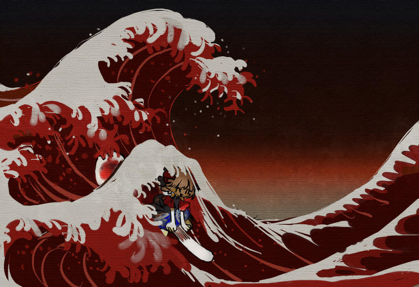 1girl absurdres bare_shoulders closed_eyes commentary_request fine_art_parody grey_shirt grey_skirt highres horns kanagawa_okinami_ura open_mouth oversized_spoon parody red_horns shirt skirt solo surfing touhou toutetsu_yuuma white_hair zhixie_jiaobu