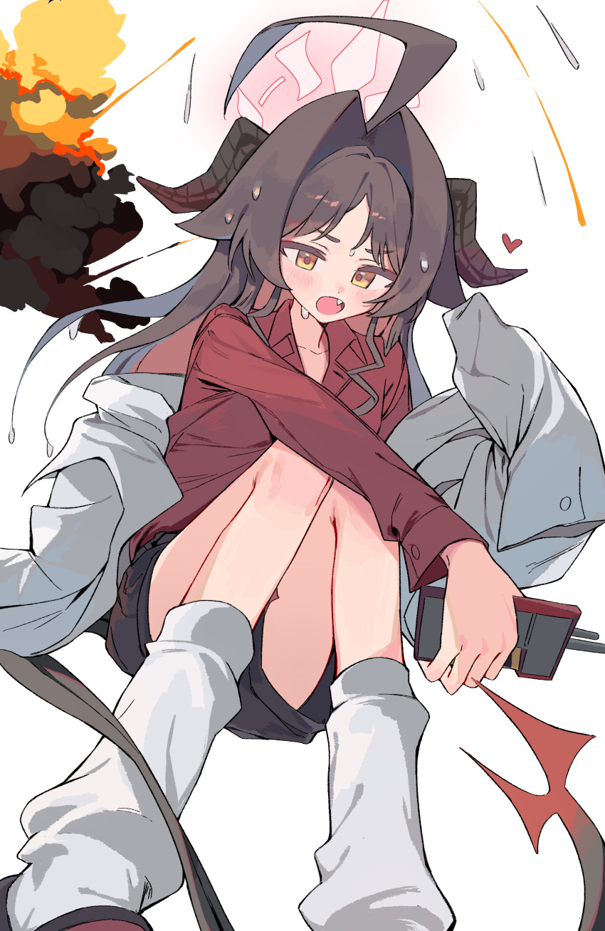 1girl absurdres blue_archive blush brown_hair changmi demon_girl demon_horns demon_tail explosion fang halo highres horns kasumi_(blue_archive) looking_at_viewer open_mouth red_shirt shirt socks solo tail white_socks yellow_eyes