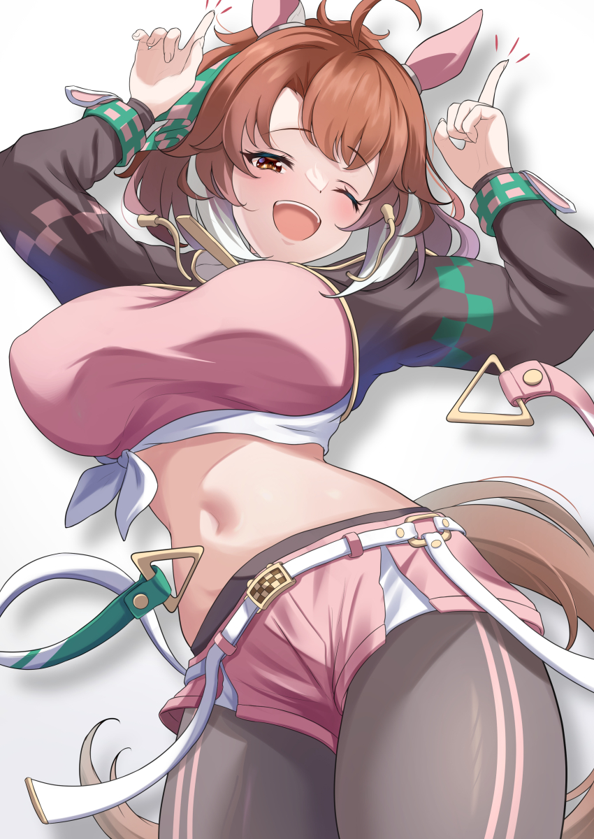 1girl ;d absurdres ahoge animal_ears belt black_pantyhose breasts brown_eyes brown_hair commentary_request dantsu_flame_(umamusume) ear_covers gradient_background grey_background highres horse_ears horse_girl horse_tail index_finger_raised large_breasts lying maimuu midriff navel on_back one_eye_closed open_mouth pantyhose pink_shorts shadow short_hair shorts smile solo tail teeth tongue umamusume upper_teeth_only white_background