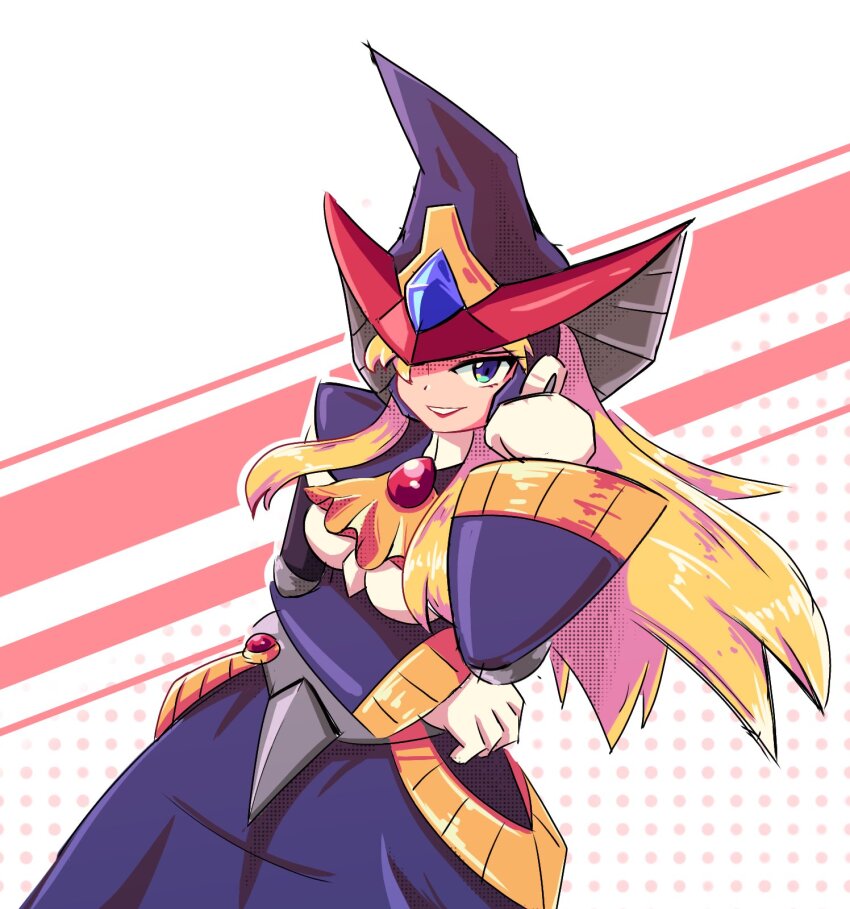 1girl android berkana_(mega_man) black_dress black_hat blonde_hair cowboy_shot dress green_eyes hat highres long_hair mega_man_(series) mega_man_x_(series) robot_girl sketch solo surrealmason witch witch_hat