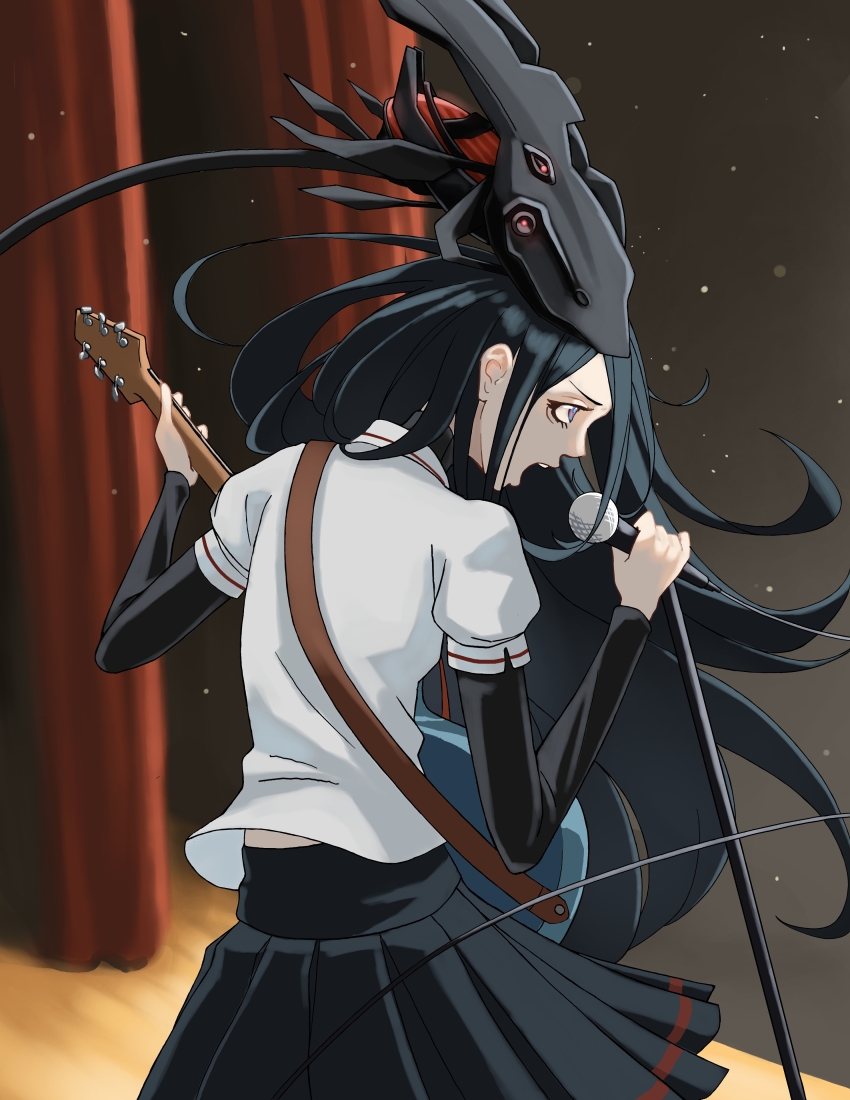 1girl absurdres alternate_costume black_hair black_sleeves blue_eyes guitar headgear highres holding holding_microphone instrument lamia_(npc)_(pgr) lamia_(pgr) long_bangs long_hair long_sleeves microphone microphone_stand multicolored_eyes music open_mouth pleated_skirt punishing:_gray_raven purple_eyes shirt short_sleeves singing skirt solo trashpanda_11b very_long_hair white_shirt