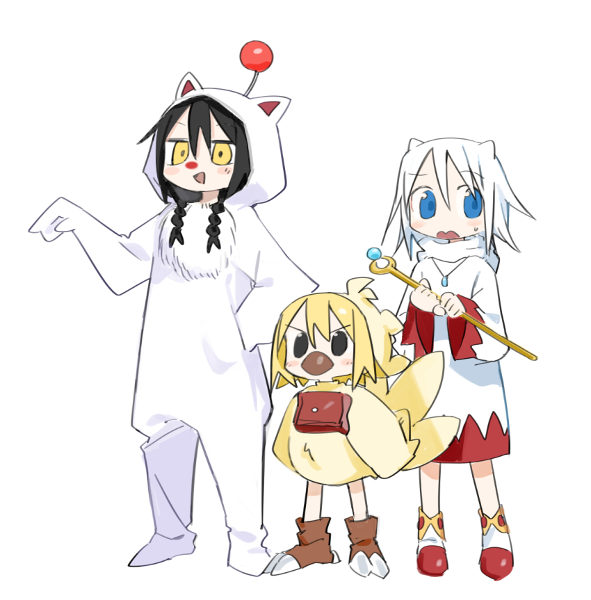 3girls antennae black_eyes black_hair blonde_hair blue_eyes blush boots braid brown_footwear chocobo_costume clawed_boots cosplay fake_beak final_fantasy hair_horns hair_over_shoulder hand_in_pocket hand_up highres holding holding_staff hood hood_down hooded_robe jewelry kokaki_mumose long_hair long_sleeves looking_to_the_side low_twin_braids moogle moogle_(cosplay) multiple_girls nervous null-meta open_mouth pendant pouch raised_eyebrow red_nose robe simple_background small_sweatdrop smile souen_chiaki staff standing takada_shiyuki twin_braids two-handed uozumi_kurumi v-shaped_eyebrows white_hair white_mage_(final_fantasy) white_mage_(final_fantasy)_(cosplay) white_robe yellow_eyes