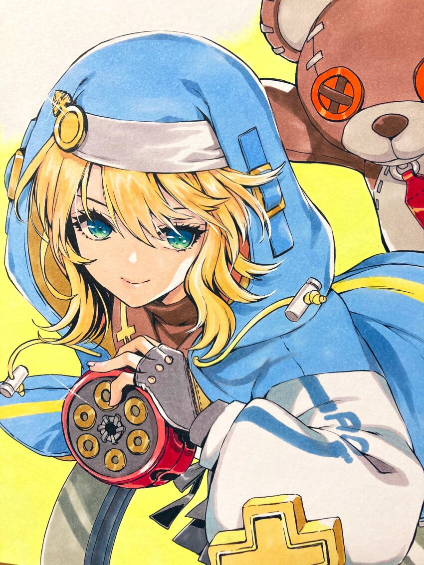 1boy androgyne_symbol aqua_eyes black_gloves blonde_hair bridget_(guilty_gear) cuffs fingerless_gloves gloves guilty_gear guilty_gear_strive habit handcuffs highres hood hood_up hooded_jacket hoodie jacket long_sleeves looking_at_viewer male_focus medium_hair puffy_long_sleeves puffy_sleeves roger_(guilty_gear) shirahane_nao stuffed_animal stuffed_toy teddy_bear traditional_media trap yo-yo