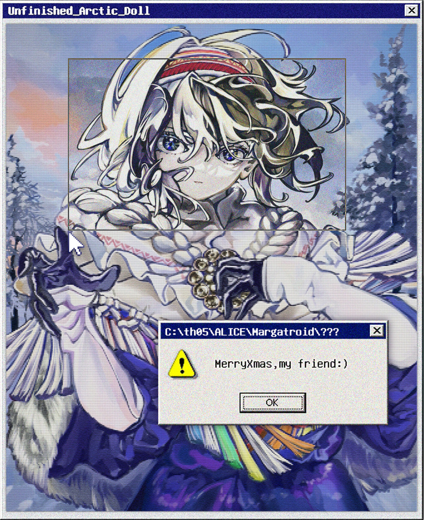 1girl absurdres adapted_costume aks_hongbai_heihuang alice_margatroid black_gloves blonde_hair blue_dress blue_eyes border christmas cloud cloudy_sky commentary cursor dress embellished_costume english_commentary english_text expressionless film_grain frills fringe-trimmed_capelet fringe_trim fur_trim gloves hairband hands_up highres long_sleeves looking_at_viewer merry_christmas microsoft_windows outdoors pine_tree short_hair sky snow solo touhou tree upper_body user_interface wind window_(computing) windows_classic winter_clothes