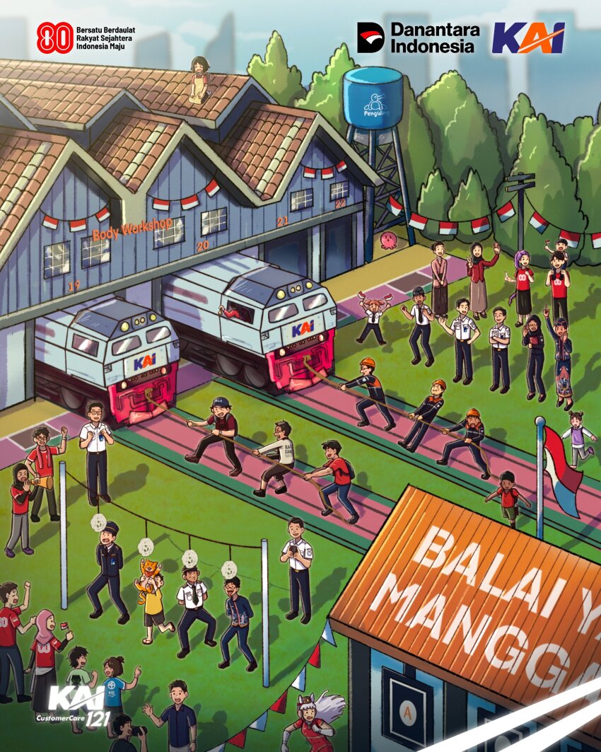 absurdres artist_request azumanga_daiou camera crossover double_bun gold_ship_(umamusume) hair_bun headscarf highres hijab holding holding_camera indonesia indonesian_clothes indonesian_commentary indonesian_flag indonesian_text jinu_(kpop_demon_hunters) kebaya kereta_api_indonesia kpop_demon_hunters mihama_chiyo multiple_boys multiple_crossover multiple_girls nichijou original pulling railroad_tracks rumi_(kpop_demon_hunters) shinonome_nano squatting string_of_flags takopii takopii_no_genzai train train_attendant travel_attendant tree umamusume water_tank