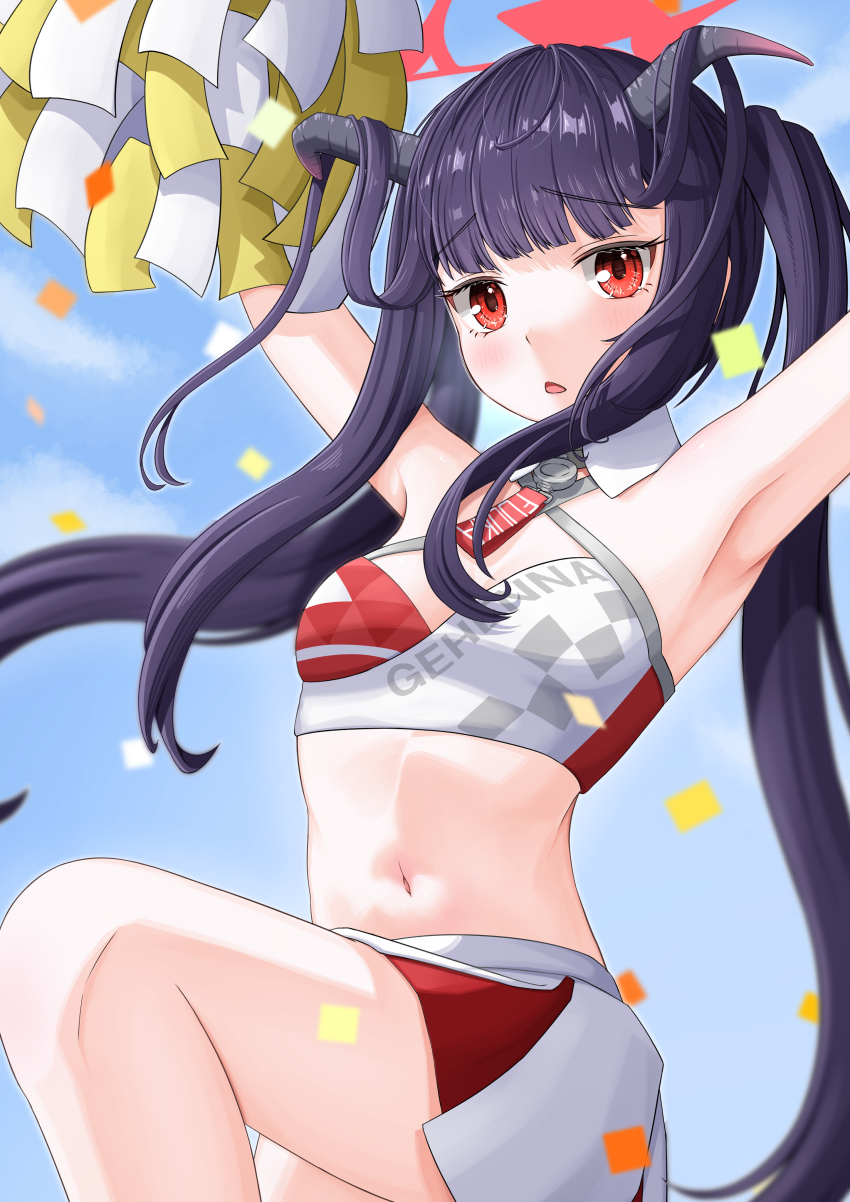 1girl absurdres alternate_costume armpits arms_up bare_shoulders black_hair black_horns blue_archive blue_sky blunt_bangs blush breasts character_name cheering cheerleader commentary_request confetti cowboy_shot day demon_girl demon_horns detached_collar eyelashes floating_hair frown fuuka_(blue_archive) gamel_120 hair_on_horn highres holding holding_pom_poms horns knee_up long_hair looking_at_viewer midriff millennium_cheerleader_outfit_(blue_archive) miniskirt navel no_headwear open_mouth outdoors pleated_skirt pom_pom_(cheerleading) pom_poms red_eyes sidelocks skirt sky small_breasts solo sports_bra standing standing_on_one_leg twintails very_long_hair white_skirt