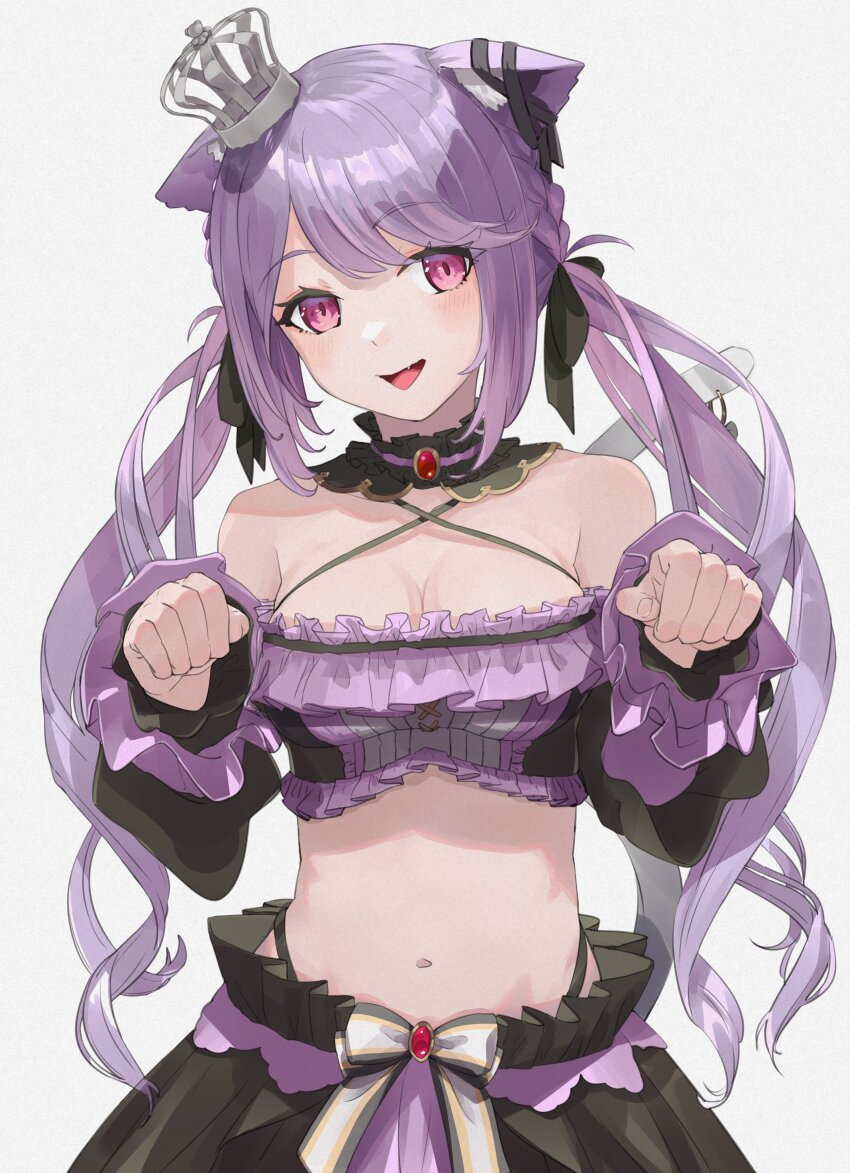 1girl absurdres animal_ear_fluff animal_ears atsushima black_bow black_collar black_ribbon black_skirt black_sleeves black_tube_top blush bow bow_skirt breasts cat_ears cat_girl cleavage collar commentary_request cowboy_shot criss-cross_halter crown detached_collar detached_sleeves ear_ribbon fang frilled_tube_top frills grey_background hair_bow halterneck highres ina_uruu looking_at_viewer low_twintails medium_breasts midriff mini_crown nanashi_inc. navel open_mouth paw_pose pink_eyes purple_hair ribbon simple_background skirt smile solo strapless tube_top twintails two-tone_bow virtual_youtuber white_bow
