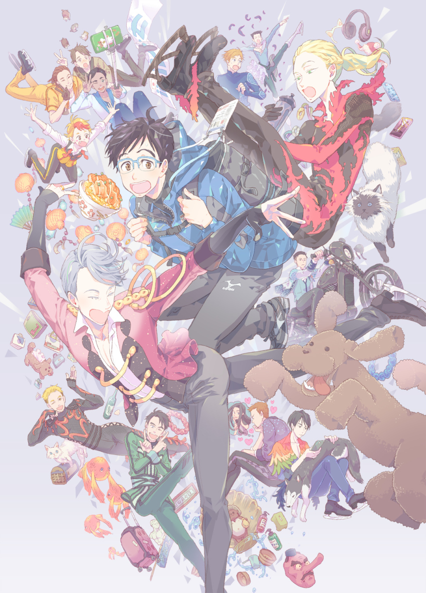 1girl 6+boys ;d ^_^ animal_ears backpack bad_id bad_pixiv_id bag banner black_gloves black_hair black_pants blonde_hair blue-framed_eyewear blue_eyes bodysuit bottle bowl braid brown_eyes brown_hair cat cat_ears cellphone christophe_giacometti closed_eyes dog emil_nekola fake_animal_ears falling fish folding_fan food georgi_popovich glasses gloves goldfish green_eyes grey_eyes hamster hand_fan hat headphones heart highres ice_skates jacket jean-jacques_leroy ji_guang-hong katsudon_(food) katsuki_yuuri lantern lanyard lee_seung-gil leo_de_la_iglesia makkachin mask michele_crispino minami_kenjirou motor_vehicle motorcycle multiple_boys one_eye_closed open_mouth otabek_altin pants paper_lantern phichit_chulanont phone ponytail puma_tiger_scorpion riding sara_crispino selfie selfie_stick sen_(pixiv) shoes silver_hair skates smartphone smile sneakers statue suitcase tanuki tengu_mask tissue_box tongue tongue_out track_jacket v viktor_nikiforov water_bottle yuri!!!_on_ice yuri_plisetsky