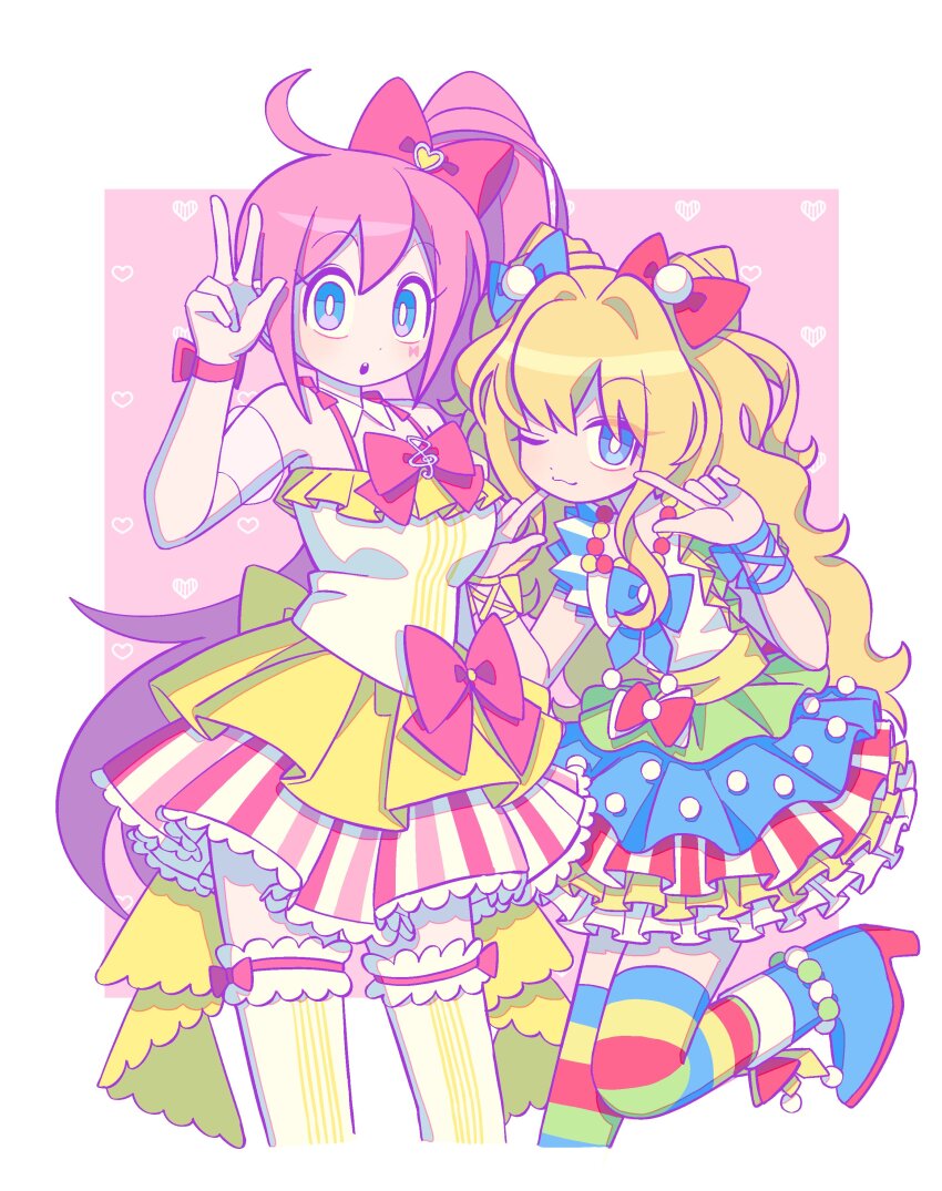 2girls :3 absurdres alternate_costume ankle_boots anklet blonde_hair blue_eyes boots coattails cone_hair_bun cropped_legs hair_bun hand_up high_heel_boots high_heels high_ponytail highres index_finger_raised jewelry lau_(laustar30) layered_skirt long_hair looking_at_viewer multicolored_skirt multicolored_thighhighs multiple_girls necklace one_eye_closed pink_hair pleated_skirt polka_dot polka_dot_skirt ponytail seeu skirt sleeveless smile standing striped_clothes striped_skirt striped_thighhighs tank_top thighhighs uni_(vocaloid) vocaloid white_background white_thighhighs wrist_cuffs