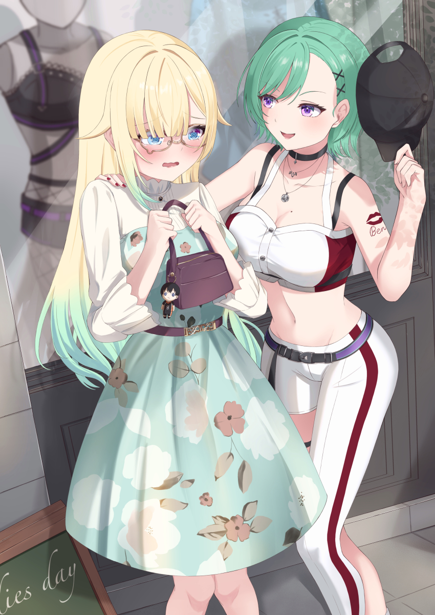 2girls @_@ absurdres aizawa_ema aizawa_ema_(3rd_costume) aqua_dress asymmetrical_clothes asymmetrical_pants bag bare_shoulders baseball_cap belt black_choker black_hat black_nails blonde_hair blue_eyes blunt_bangs blush bra_strap breasts brown_belt bustier chalkboard character_doll chest_belt choker cleavage crop_top doll dress floral_print gradient_hair green_hair hair_behind_ear hair_flaps hand_on_another&#039;s_shoulder handbag hat highres holding holding_unworn_clothes holding_unworn_hat jewelry ju_ki_a large_breasts long_hair long_sleeves looking_at_another mannequin mole mole_on_breast multicolored_hair multiple_girls navel necklace open_mouth pants purple_eyes red_bustier red_nails scared shirt short_hair shoulder_tattoo single_pantsleg smug standing stomach swept_bangs tattoo teardrop-framed_glasses unworn_hat unworn_headwear virtual_youtuber vspo! wavy_mouth white_bustier white_pants white_shirt window yakumo_beni yakumo_beni_(1st_costume) yakumo_beni_(4th_costume) yellow-framed_eyewear