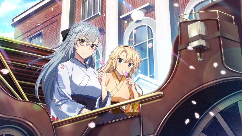2girls ahoge blonde_hair blue_eyes bow breasts brown_hakama building carriage closed_mouth dango day eating falling_petals food frown game_cg glasses grey_hair grey_kimono hair_bow hairband hakama holding holding_food japanese_clothes kimono kitora_mirja kohagura_ellen large_breasts long_hair long_sleeves looking_at_viewer multiple_girls official_art orange_eyes orange_kimono outdoors petals purple_hakama sitting swept_bangs toji_no_miko toji_no_miko:_kizamishi_issen_no_tomoshibi wagashi wide_sleeves