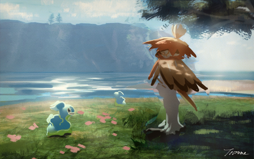=_(9_yawbus) branch cliff cloud day flower gen_4_pokemon grass highres hisuian_decidueye looking_down nintendo outdoors pink_flower pokemon shellos signature sky standing tree water