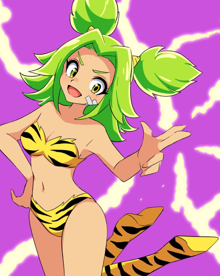 1girl :d animal_print bandaid bandaid_on_face bikini boots breasts cosplay electricity finger_gun green_hair highres kukurixi league_of_legends lum lum_(cosplay) medium_breasts navel open_mouth parted_bangs purple_background sidelocks simple_background smile solo swimsuit tiger_print twintails urusei_yatsura yellow_bikini yellow_boots yellow_eyes zeri_(league_of_legends)