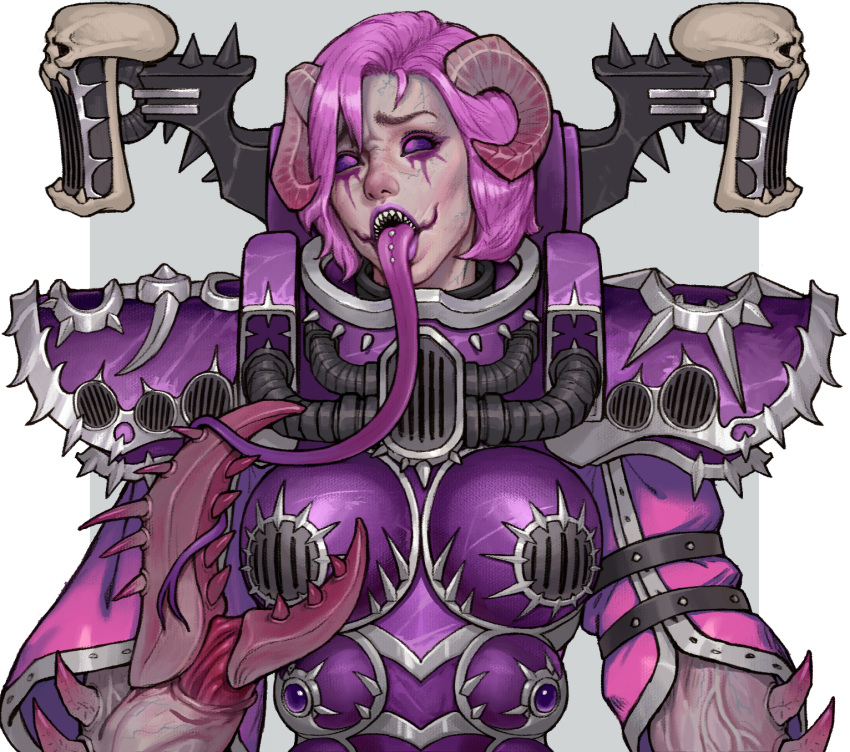 1girl adepta_sororitas ahegao armor boobplate breastplate colored_sclera crab_claw highres long_tongue open_mouth pauldrons piercing pink_eyes pink_hair purple_sclera sharp_teeth short_hair shoulder_armor skull_ornament slaanesh_(cult) solo spiked_arm spiked_armor spikes teeth tongue tongue_piercing upper_body veins veiny_arms very_long_tongue warhammer_40k yangzheyy