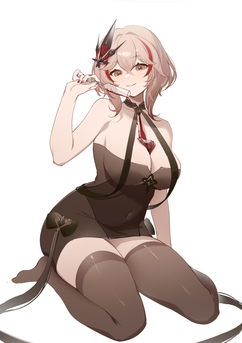 1girl absurdres alcohol azur_lane bare_shoulders breasts brown_dress brown_eyes brown_thighhighs cleavage commentary covered_navel dress evening_gown hair_ornament halter_dress halterneck highres large_breasts looking_at_viewer multicolored_hair official_alternate_costume pouring pouring_onto_self red_hair red_wine roon_(azur_lane) roon_(viridescent_lullaby)_(azur_lane) shibuya_(kurokamishain) short_hair solo streaked_hair thighhighs tight_clothes tight_dress two-tone_hair wine zettai_ryouiki