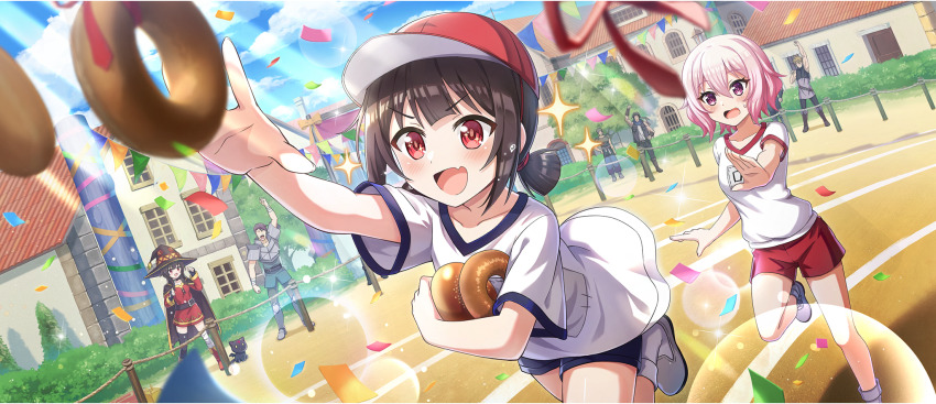 3girls :d bandaged_leg bandages baseball_cap black_cat black_cloak black_hat black_thighhighs blue_shorts bread_eating_race brown_hair building bush cat cheering child chomusuke cloak cloud cloudy_sky collarbone confetti day donut dress fang food game_cg gym_shirt gym_uniform hair_between_eyes hair_tie hat highres holding holding_donut holding_food komekko kono_subarashii_sekai_ni_shukufuku_wo! konosuba!_fantastic_days leg_up megumin multiple_girls official_alternate_costume official_art open_mouth outdoors outstretched_arm people pink_eyes pink_hair racing reaching red_dress red_eyes red_hat red_shorts running running_track shinjin_succubus_(konosuba) shirt short_dress short_hair short_shorts short_twintails shorts sidelocks single_thighhigh skin_fang sky small_sweatdrop smile sparkle sports_festival sunlight sweat thighhighs twintails v-shaped_eyebrows wavy_hair white_shirt winged_cat witch_hat