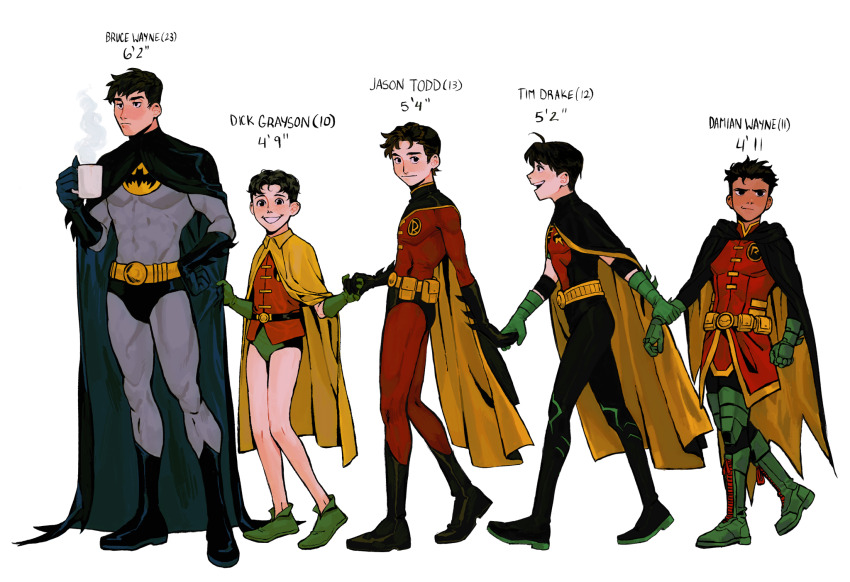 5boys ahoge alternate_universe batman batman_(series) belt black_bodysuit black_cape bodysuit boots brothers bruce_wayne cape character_age coffee coffee_mug commentary cup damian_wayne dc_comics dick_grayson domino_mask english_commentary gloves green_gloves grey_bodysuit highres holding holding_cup holding_hands jason_todd legs male_focus marski mask mug multiple_boys red_bodysuit red_robin robin_(dc) siblings smile spandex superhero_costume tan teeth tim_drake two-tone_bodysuit white_background yellow_belt yellow_cape