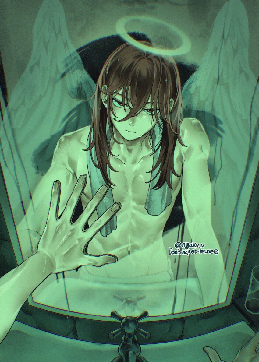 1boy angel_devil_(chainsaw_man) angel_wings chainsaw_man closed_mouth collarbone faucet fingernails halo hashtag-only_commentary highres long_hair looking_at_mirror male_focus mirror naked_towel navel nyakv_v red_eyes red_hair reflection reflection_focus short_hair sink skinny solo topless_male towel towel_around_neck traditional_halo upper_body wet wet_hair white_wings wings