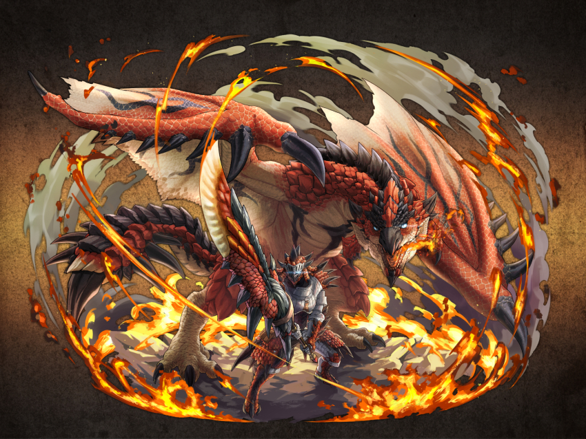 1boy armor blue_eyes boots breath_weapon breathing_fire dragon fire gauntlets gloves helmet highres holding holding_weapon horns monster monster_hunter_(series) open_mouth rathalos rathalos_(armor) sharp_teeth sword tail teeth wanwanlove weapon wings wyvern