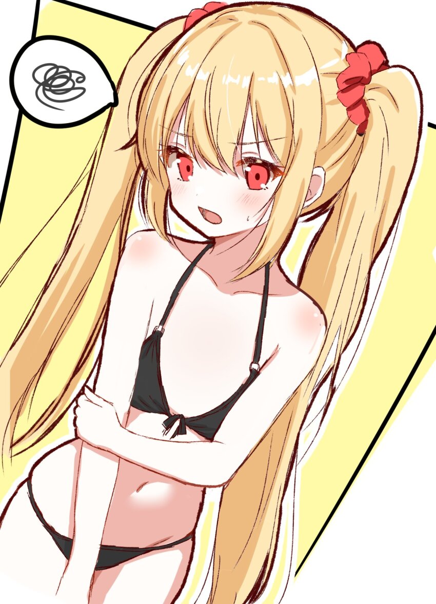 1girl bare_arms bare_shoulders bikini black_bikini blonde_hair blush breasts collarbone commentary_request cowboy_shot dutch_angle eyelashes frown hair_between_eyes hair_ornament hair_scrunchie halterneck highres long_hair looking_at_viewer navel o-ring o-ring_bikini o-ring_top open_mouth original outline red_eyes red_scrunchie sakura_mikan_(chirizakura) scrunchie sidelocks simple_background sketch small_breasts solo speech_bubble spoken_squiggle squiggle straight_hair sweatdrop swimsuit twintails v-shaped_eyebrows very_long_hair white_outline yellow_background