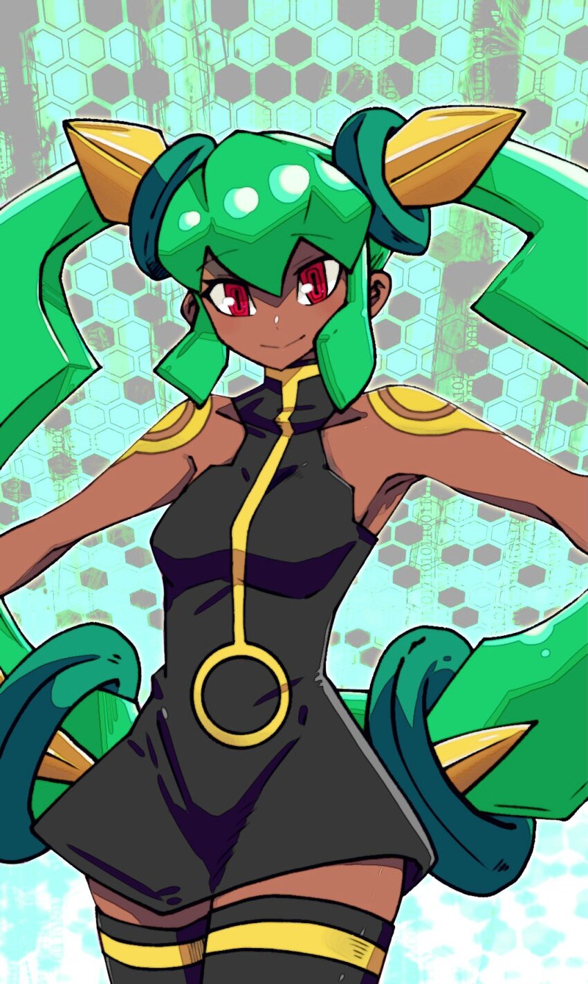 1girl bare_shoulders batchgooya breasts closed_mouth dark-skinned_female dark_skin green_hair highres long_hair looking_at_viewer medium_breasts mega_man_(series) mega_man_legends_(series) red_eyes small_breasts smile solo tattoo thighhighs twintails yuna_(mega_man)