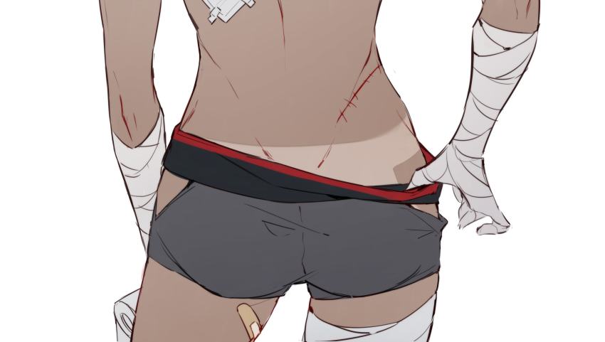1girl absurdres ass ass_focus bandaged_arm bandaged_leg bandages bandaid bandaid_on_leg dark_skin highres oyo_hitsuji scar simple_background solo stitches vocaloid vsinger_(vocaloid) white_background yanhe