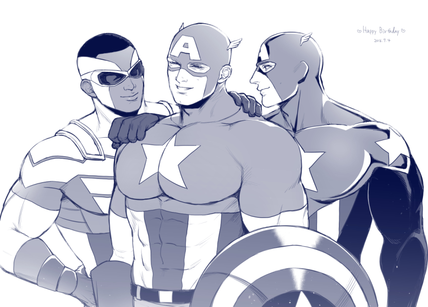 3boys abs captain_america happy_birthday bucky_barnes male_focus marvel mask monochrome multiple_boys muscular pectorals sam_wilson smile steve_rogers tagme teeth the_falcon white_background
