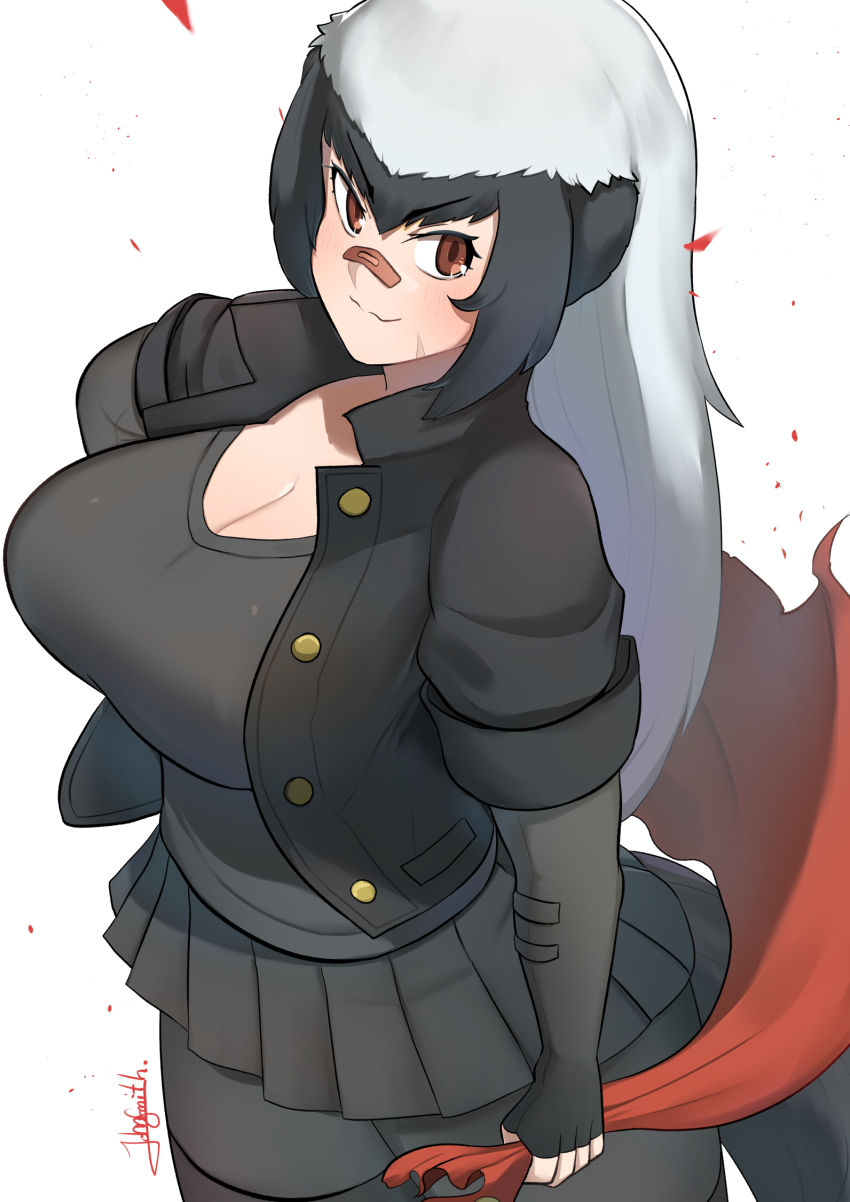 &gt;:) 1girl animal_ears arm_at_side black_hair black_shirt black_skirt bodystocking breasts brown_eyes brown_hair buttons cleavage closed_mouth collared_shirt cowboy_shot eyelashes facial_scar grey_hair hair_between_eyes highres holding huge_breasts impossible_clothes impossible_shirt john_(a2556349) kemono_friends layered_sleeves long_hair long_sleeves looking_at_viewer microskirt multicolored_hair open_clothes open_shirt pleated_skirt pocket ratel_(kemono_friends) scar scar_on_cheek scar_on_face shirt shirt_under_shirt short_over_long_sleeves short_sleeves signature skirt smile solo tail two-tone_hair unbuttoned undershirt v-shaped_eyebrows very_long_hair