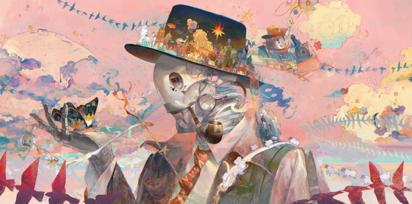 1boy absurdres aircraft airplane arknights bird black_hat bow bowtie brown_hat brown_jacket bug building butterfly butterfly_on_hand cane carriage castle church clock clothed_robot cloud collared_shirt commentary cowboy_hat daylightallure dirigible facial_hair fedora flower gloves hand_up hat highres holding holding_cane holding_lasso horse humanoid_robot insect jacket lasso light_bulb long_sleeves looking_at_animal male_focus moon mustache necktie non-humanoid_robot on_train open_clothes open_jacket pink_sky profile red_necktie robot rocket sheep shirt sky smoke smoking smoking_pipe solo star_(symbol) statue_of_liberty swing the_persistence_of_memory the_wizard_of_oz tin_man_(arknights) top_hat train tree upper_body white_gloves white_shirt yacht